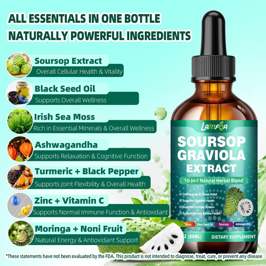 LAMFQA Soursop Graviola liquid drops nutritional facts label showing ashwagandha and sea moss ingredients.