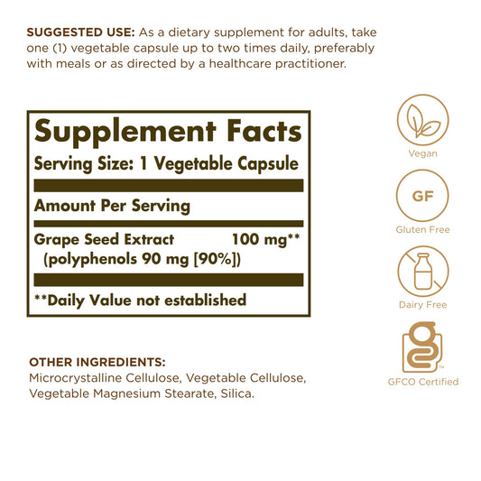 Solgar Grape Seed Extract 60 vegetable capsules bottle side view