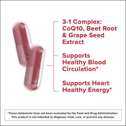 Qunol 3-in-1 Beet Root CoQ10 and Grape Seed bottle label