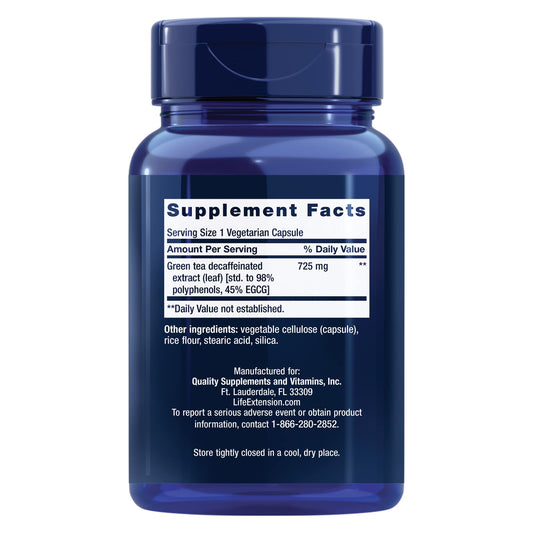 Life Extension green tea supplement bottle side view showing ingredients