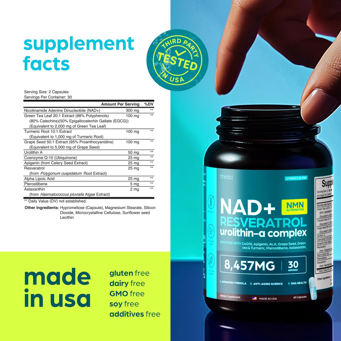 Artnaturals NAD plus resveratrol and CoQ10 supplement bottle