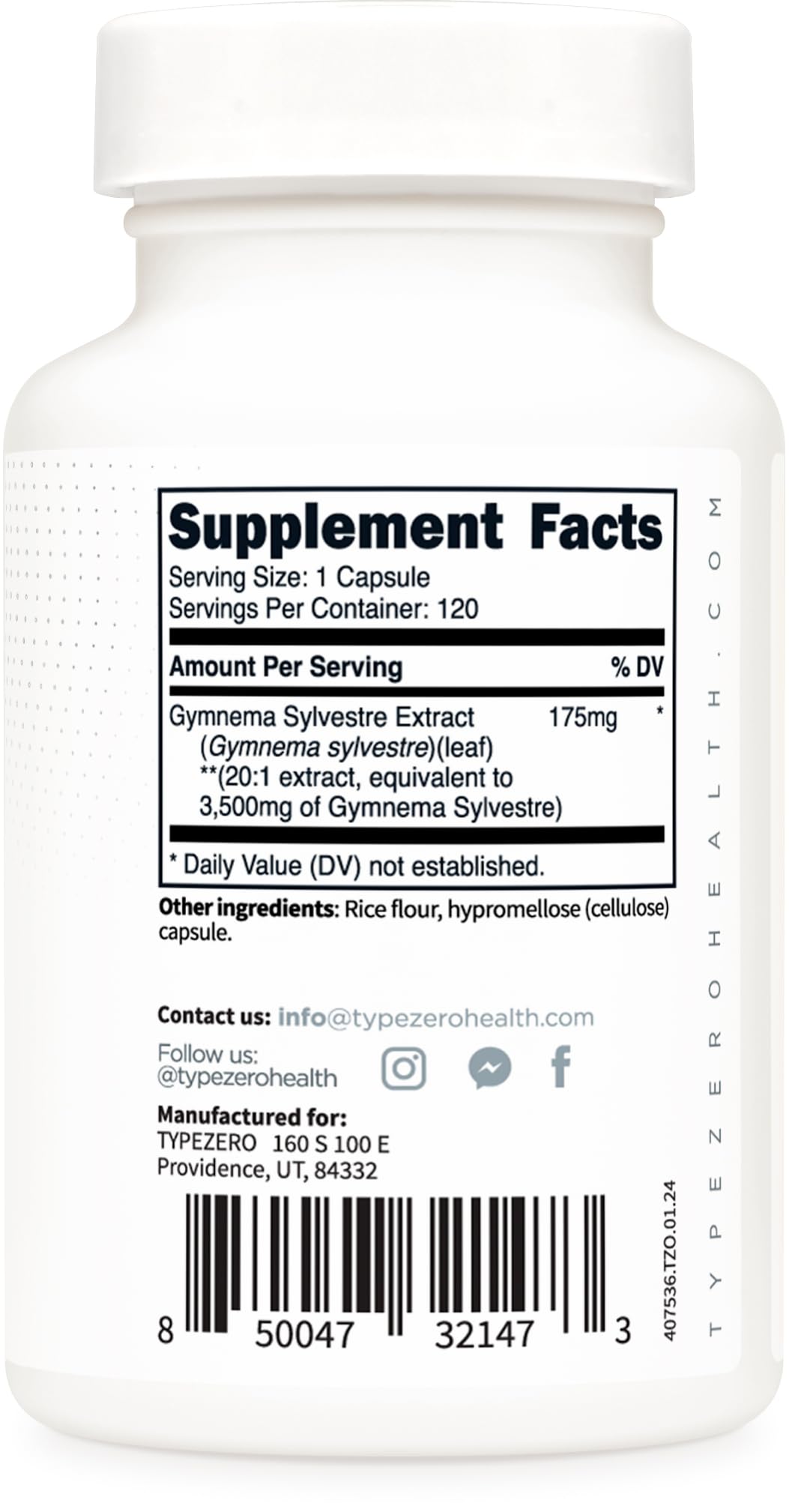 Authentic Type Zero Clean Gymnema capsules container displaying the NSF certified facility manufacturing standards.