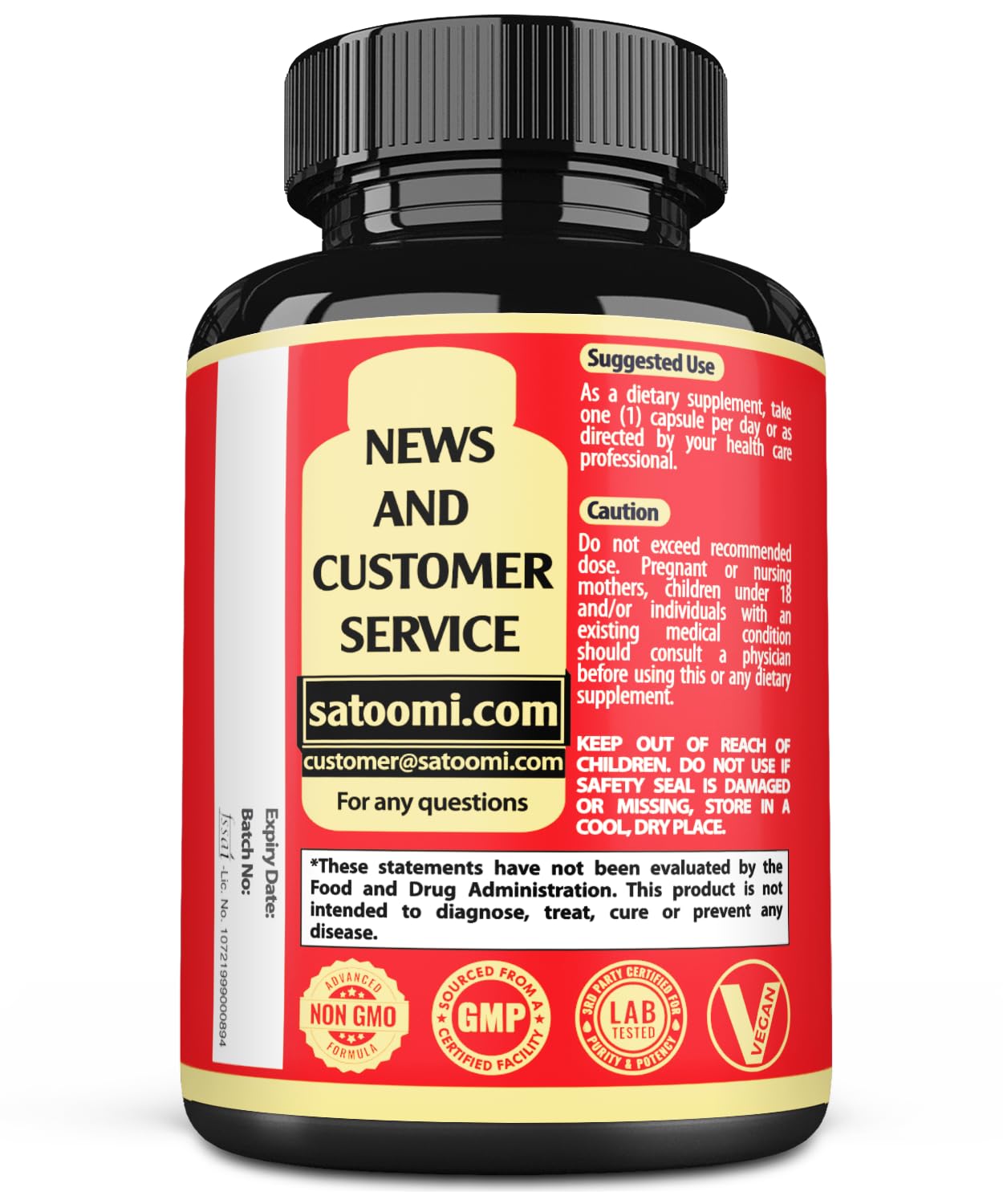 Satoomi Pure Gymnema Sylvestre dietary supplement bottle highlighting the holy basil and organic neem content