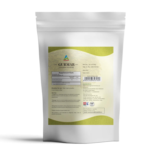 Herbal Hills Gymnema Sylvestre leaf powder texture close up shot
