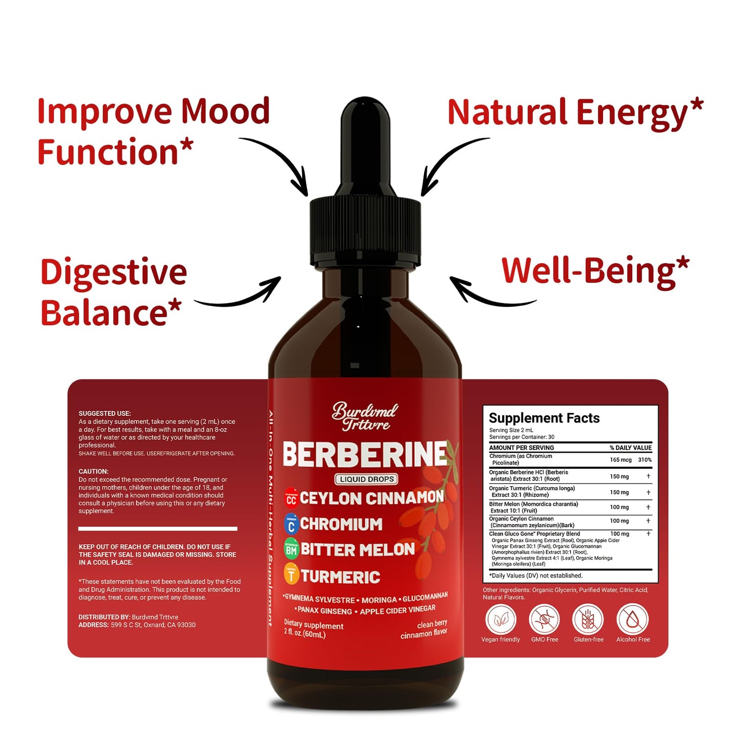 Authentic USA imported Burdvmd Trttvre Berberine Drops bottle detailing fast absorption liquid formula.