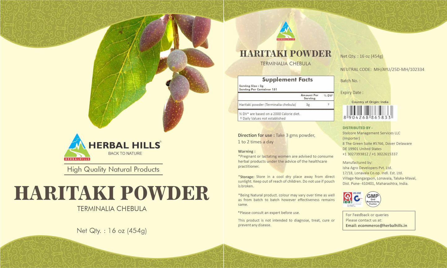 Herbal Hills 16 Ounce Haritaki powder product label details