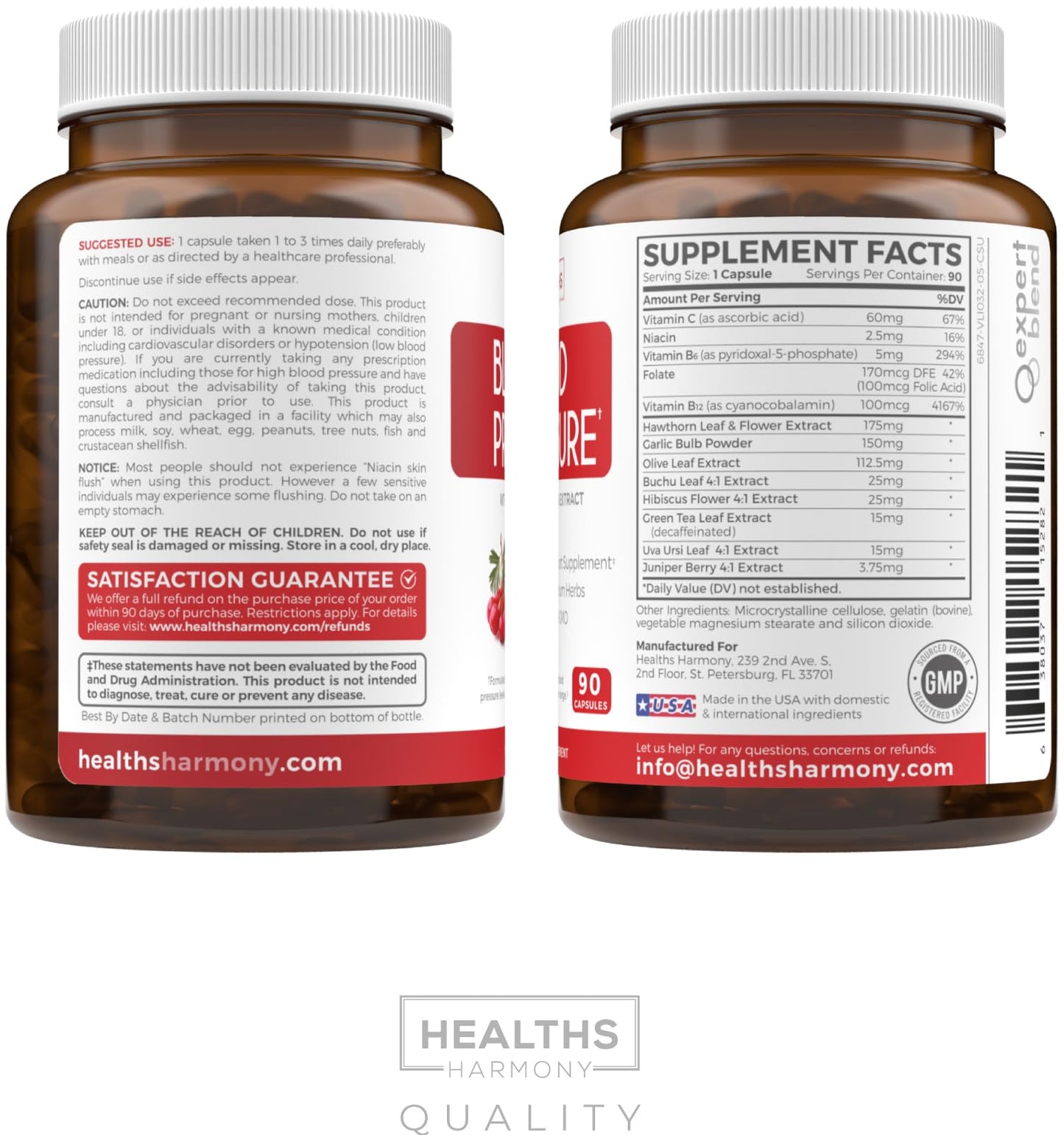 Full range layout of Healths Harmony 90 capsules vascular health bottle highlighting hawthorn leaf and flower extract