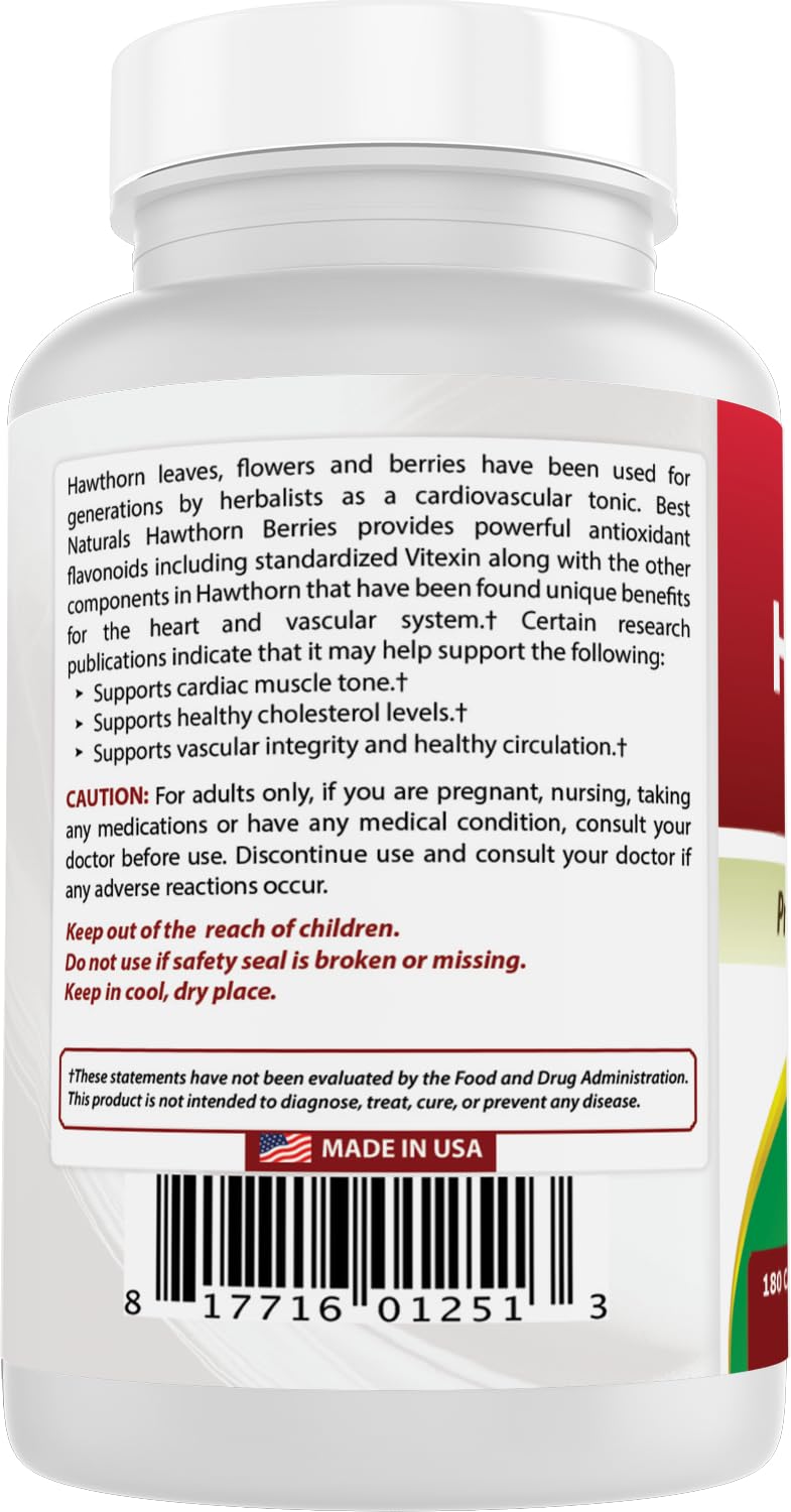 Premium hawthorn berry capsules container demonstrating the capsule count and dosage breakdown.