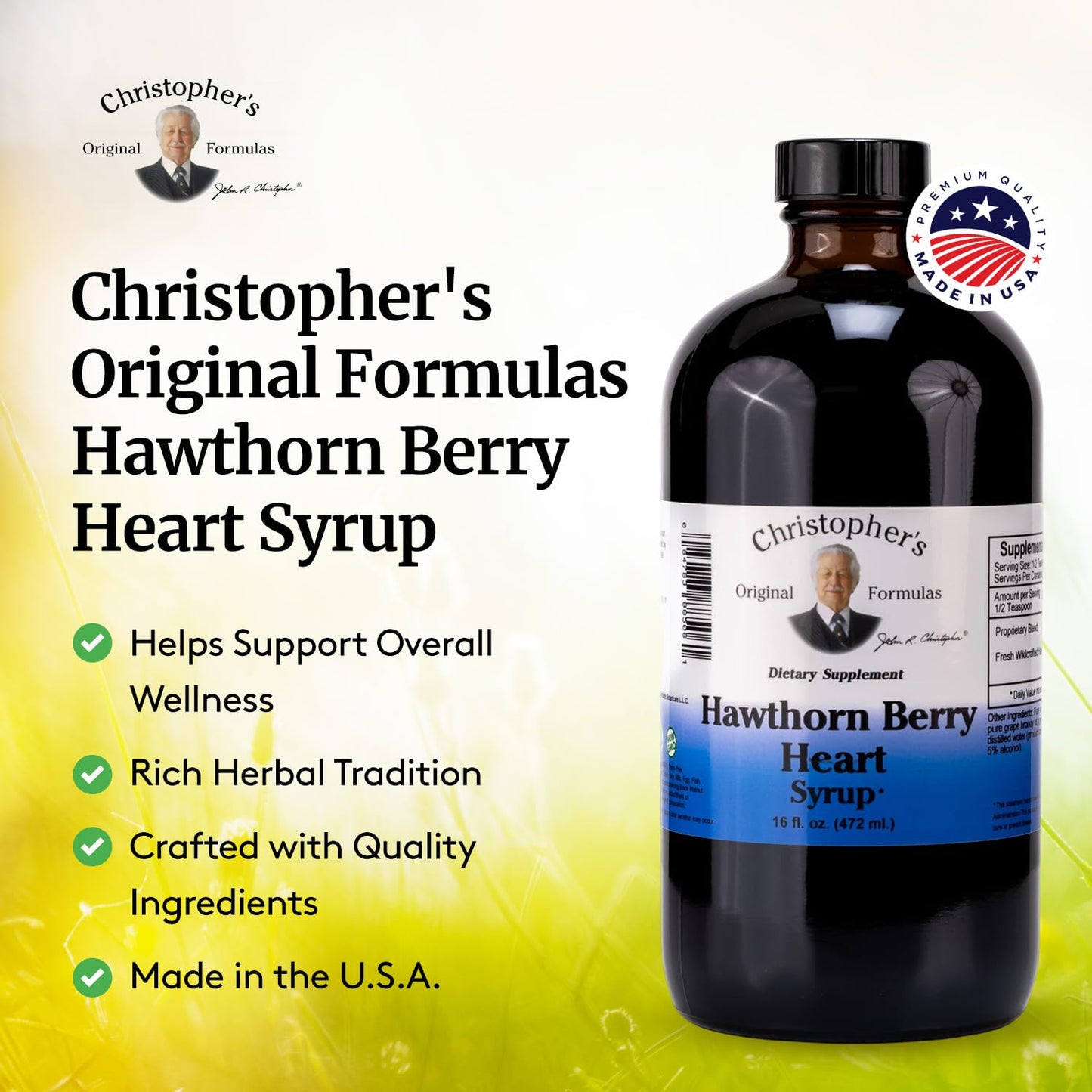 Close up of the non GMO chemical free label on Christopher's Original Formulas heart wellness liquid