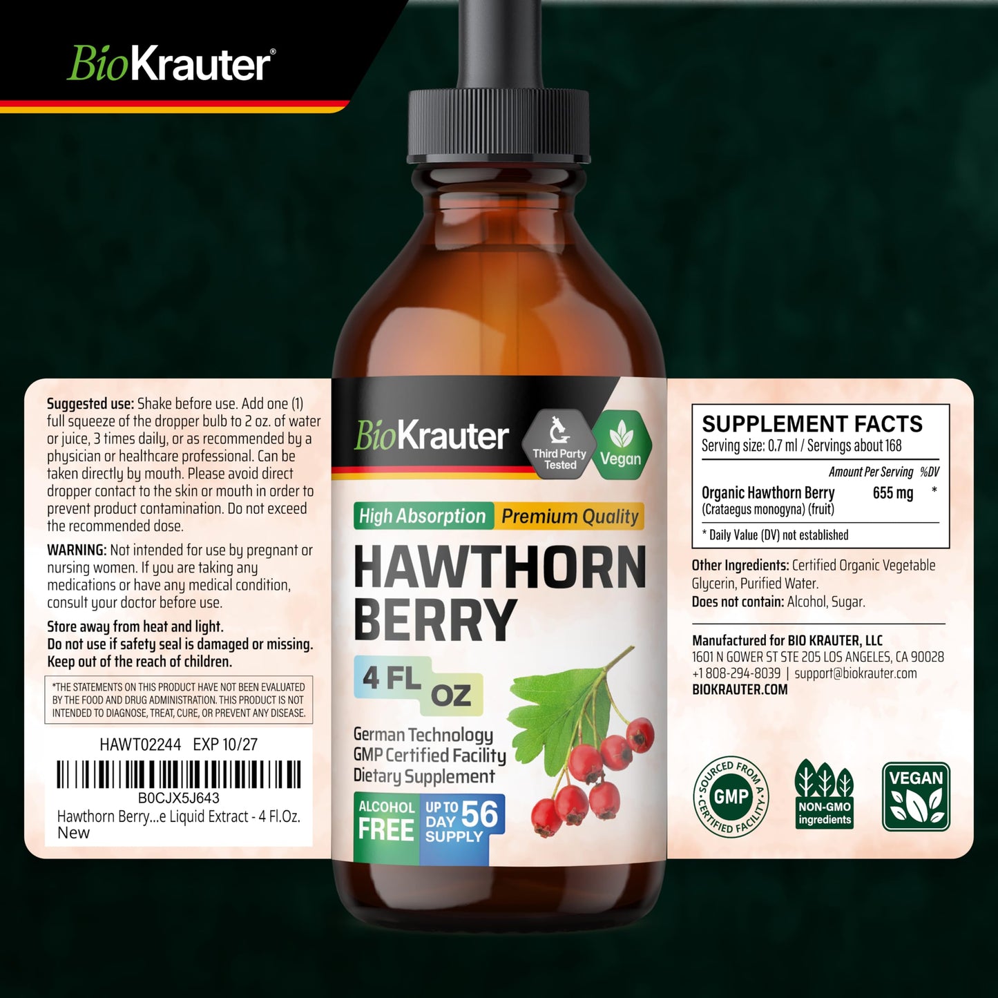 Bio Krauter imported USA premium cardiovascular herbal drops bottle sitting on a clean surface