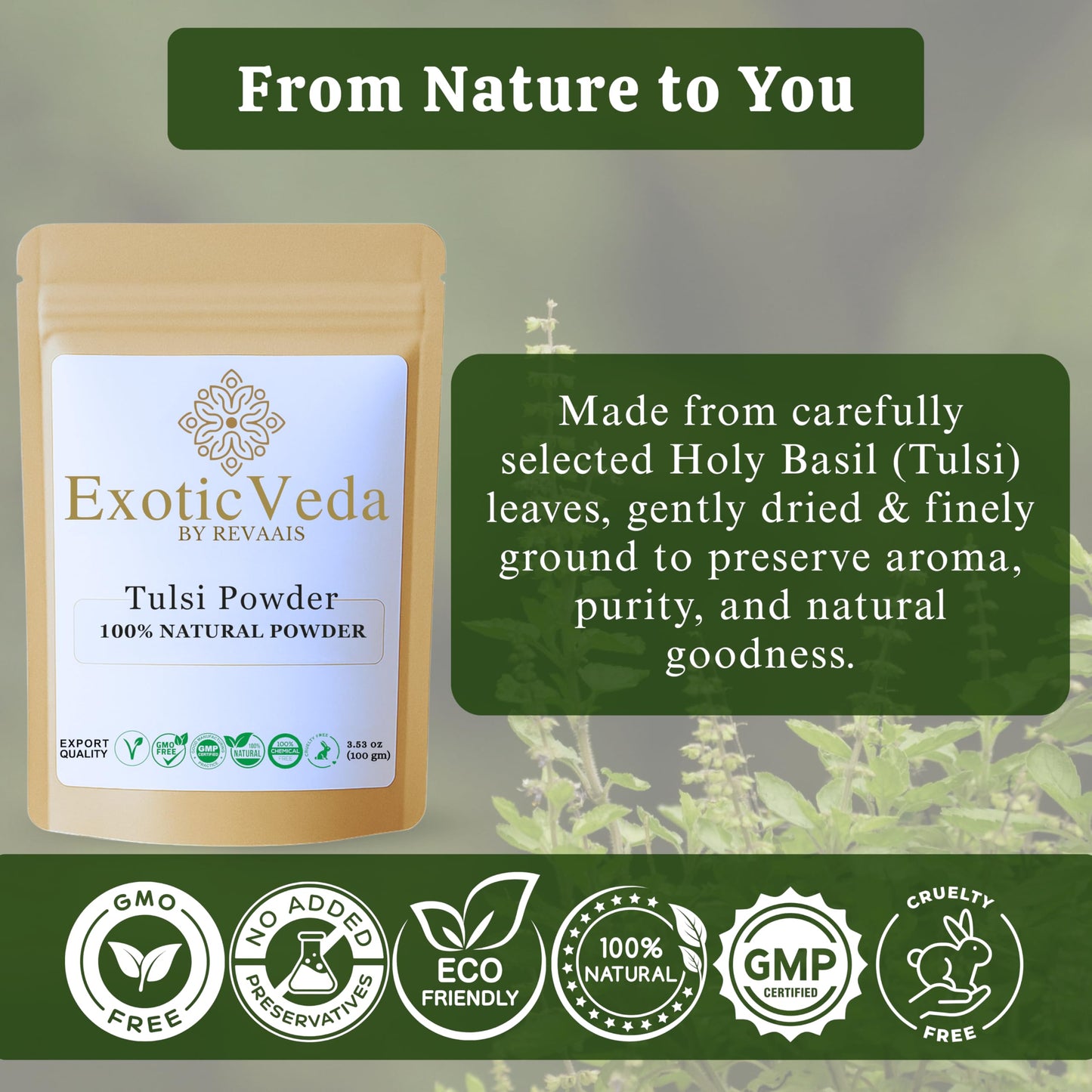 Exotic Veda Tulsi powder lifestyle shot with herbal tea