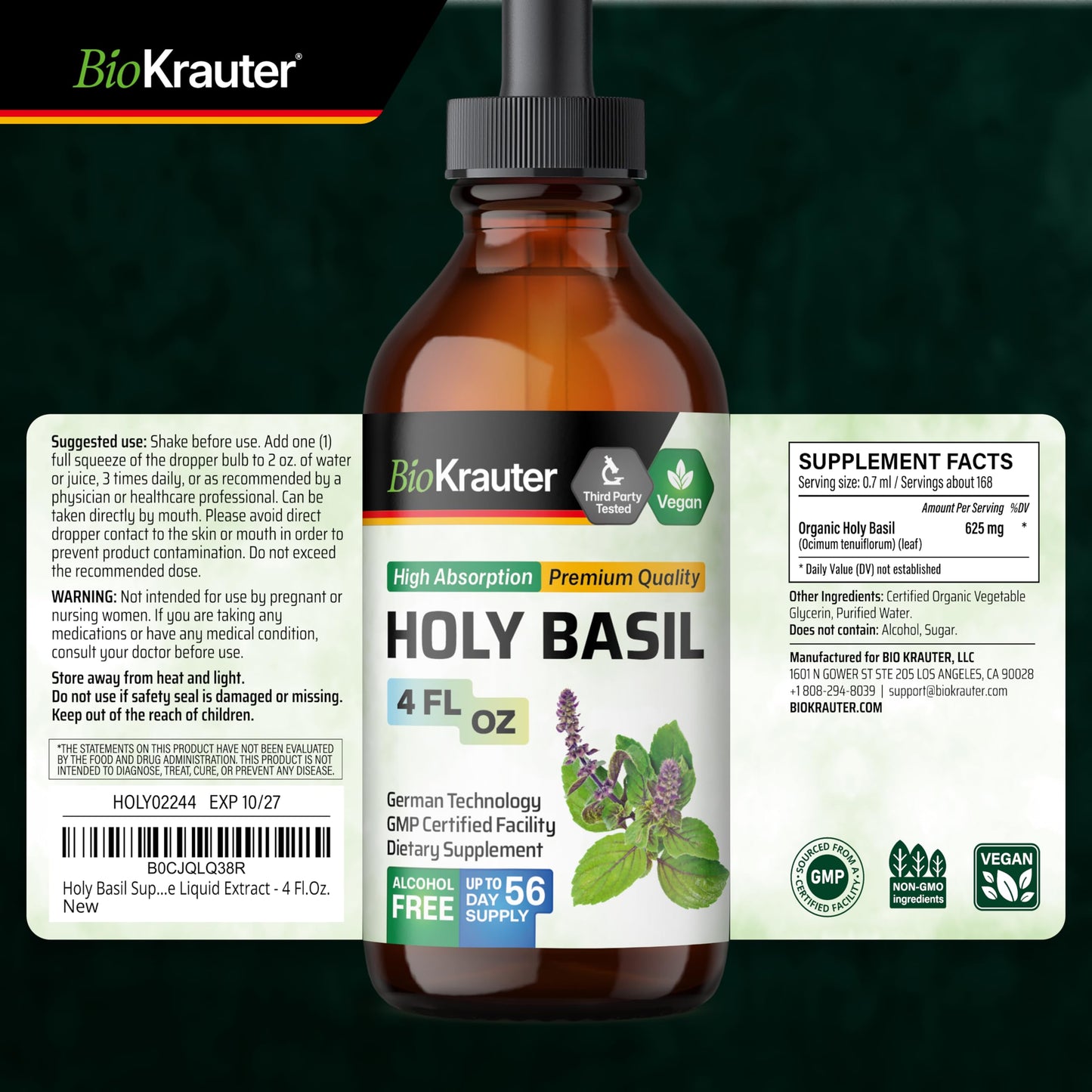 Bio Krauter brand holy basil tincture 4 ounce bottle