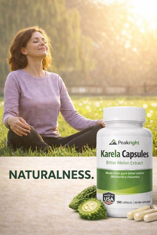Side angle of the Vogue Peakright Karela bottle displaying the natural herbal supplement facts and USA manufacture details.