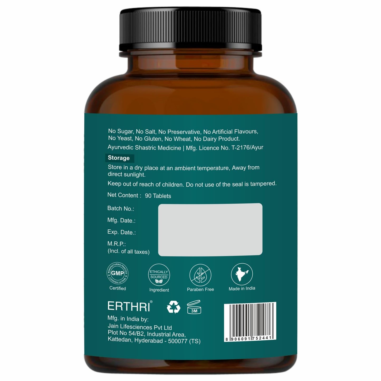 Full e commerce retail setup of Erthri Ashwagandha 90 tablets on a clean background for premium beauty store.