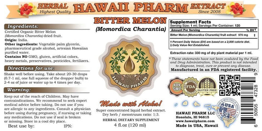Hawaii Pharm Bitter Melon 2 Ounce tincture bottle showing supplement facts and organic ingredients