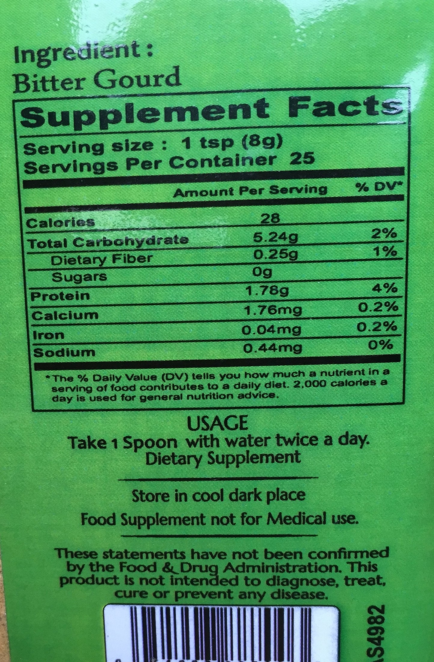 Vedic Secrets Organic Bitter Melon Powder back label detailing nutritional information and usage instructions.