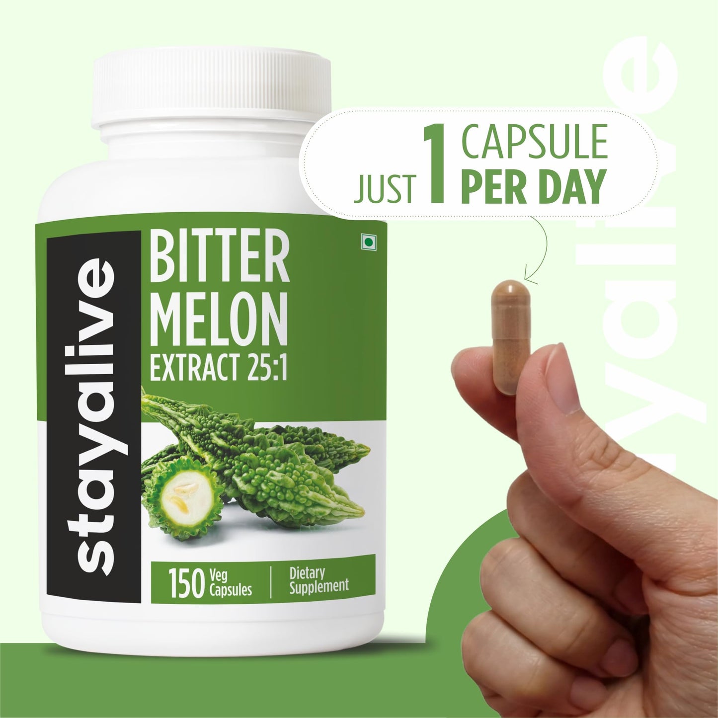 STAY ALIVE bitter melon 150 capsules five month supply bottle display