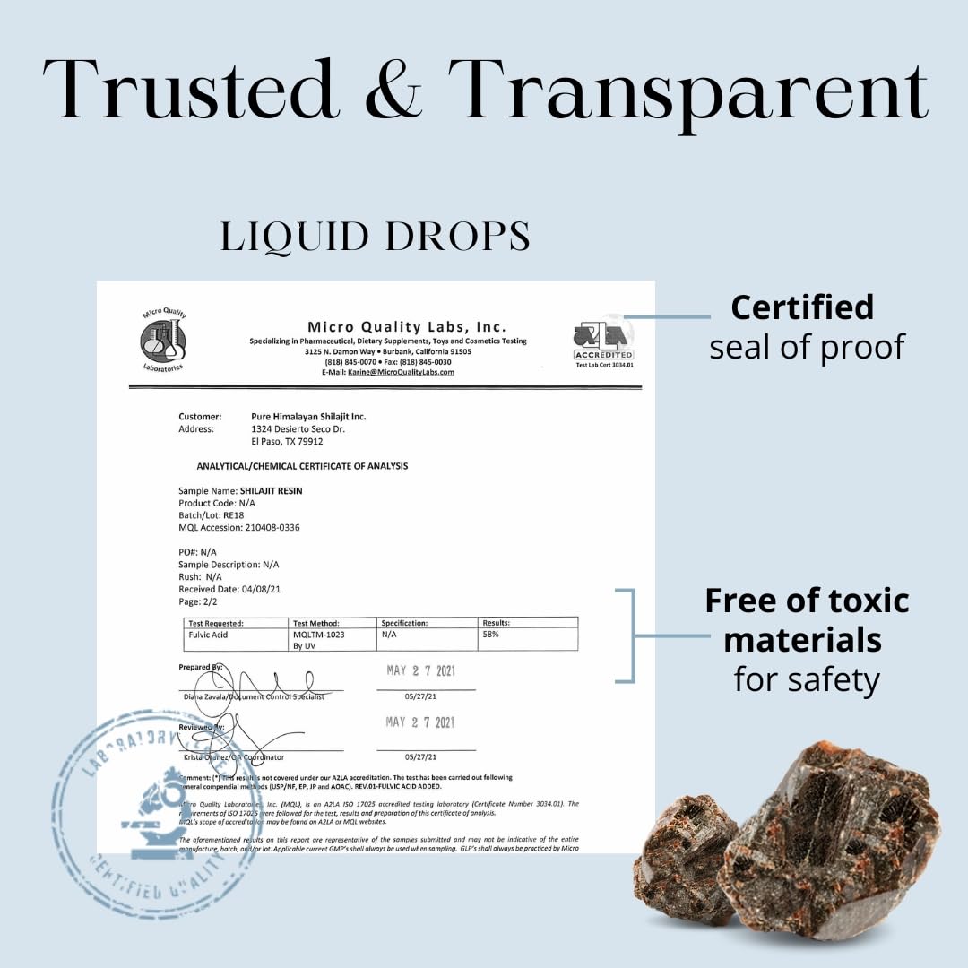 Back label of Pure Himalayan Shilajit liquid resin drops highlighting third party United States laboratory testing.