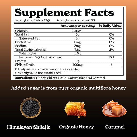 Organic Dreaming Better Alt pure shilajit resin honey sticks with caramel flavor single sachet visual.