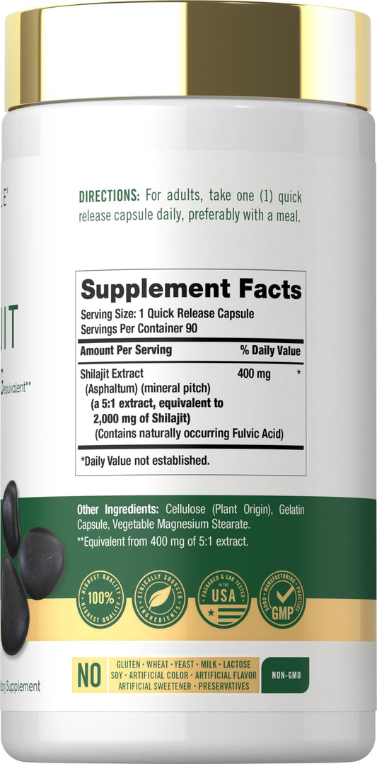 Carlyle Himalayan Shilajit 90 capsules bottle side label showing ingredients