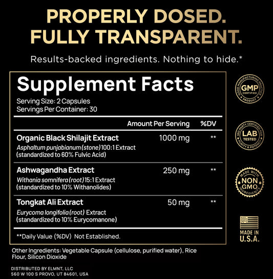 TERRA ELMNT Black Shilajit 60 capsules packaging label details showing ingredients
