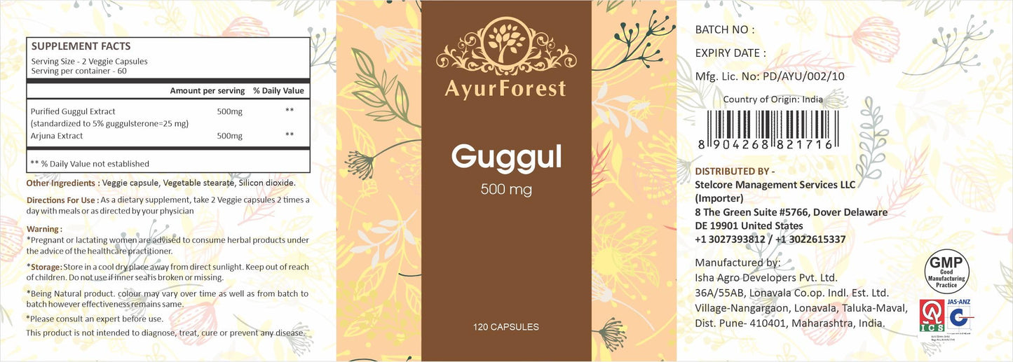 Authentic Ayurforest Guggul Vegie Capsules USA imported packaging