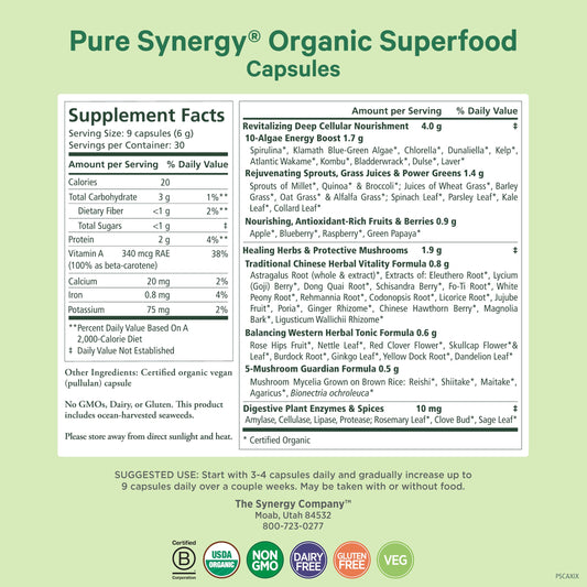 Pure Synergy Superfood Capsules supplement facts panel detailing sixty plus organic green ingredients