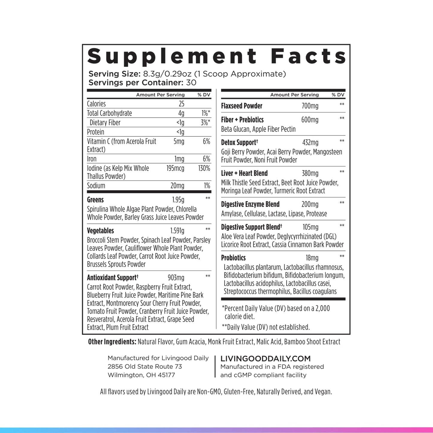 Authentic imported Livingood Daily Greens powder showing premium dietary supplement seal.