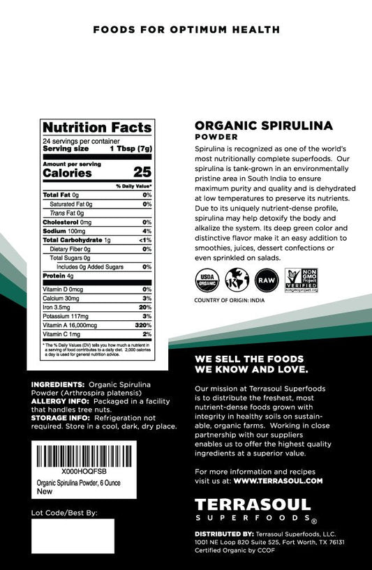 Terrasoul Superfoods Organic Spirulina Powder nutrition label details and USDA certification seal