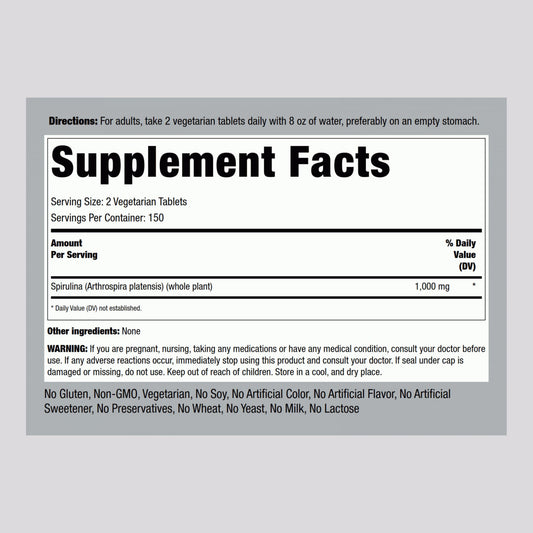 Piping Rock Organic Spirulina Arthrospira Platensis supplement facts label