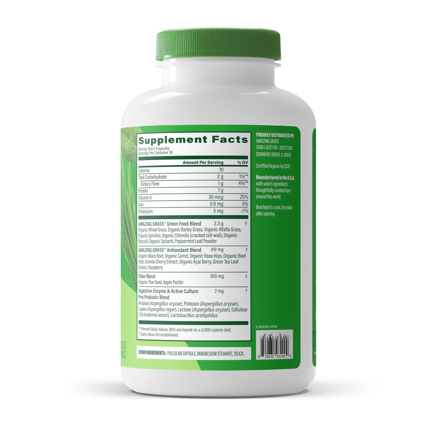 Full packaging display of Amazing Grass gut health and digestive enzyme supplement for wellness.
