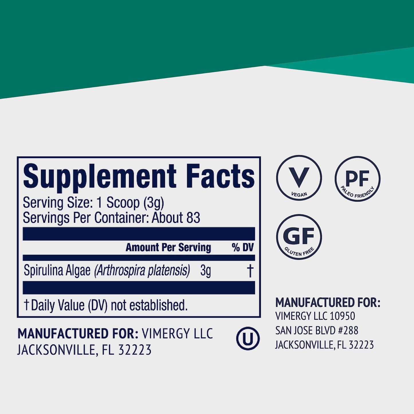 Scoop of vibrant green Vimergy concentrated plant protein powder next to the product container.
