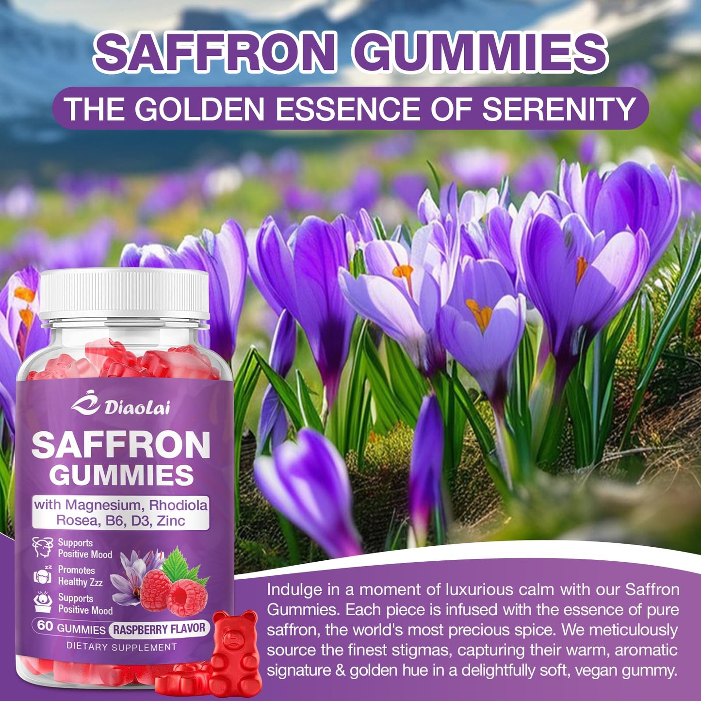 Youlikee Diaolai mood and focus supplement gummies showcasing natural raspberry flavor attributes.