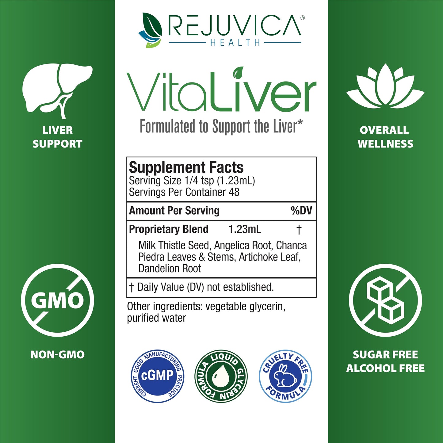 Packaging box and bottle of Rejuvica Health VitaLiver milk thistle support.