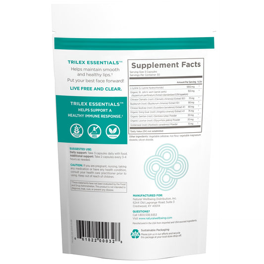 Natural Wellbeing Trilex Essentials supplement bottle showing the nutritional facts and herbal ingredients list.