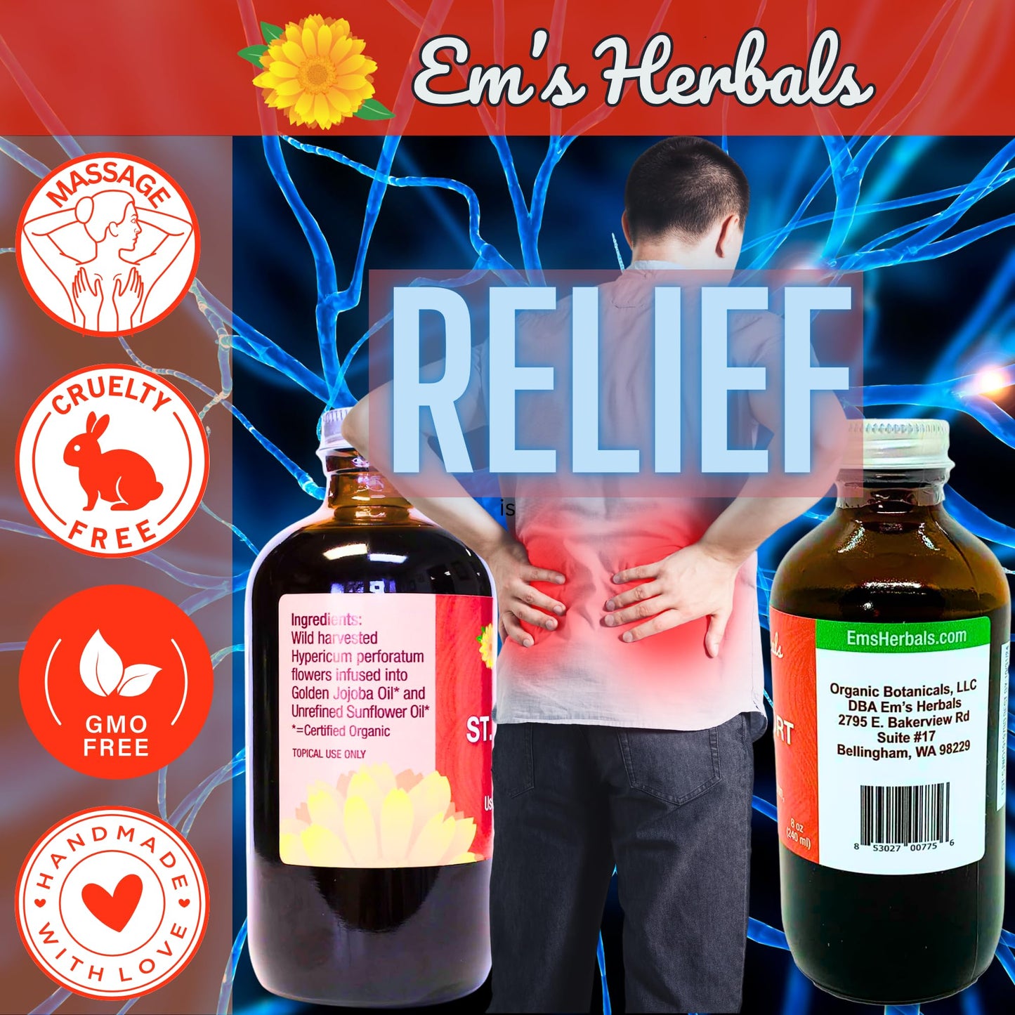 Em's Herbals St. Johns Wort multi-purpose topical oil bottle being held to demonstrate scale