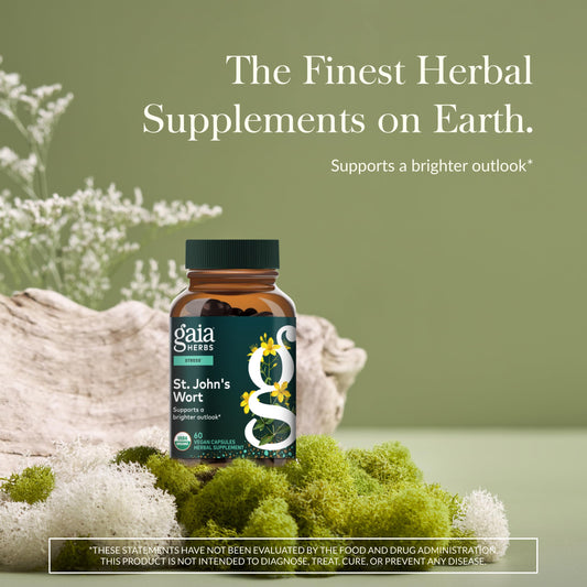 Gaia Herbs St Johns Wort supplement label showing organic ingredients and serving size