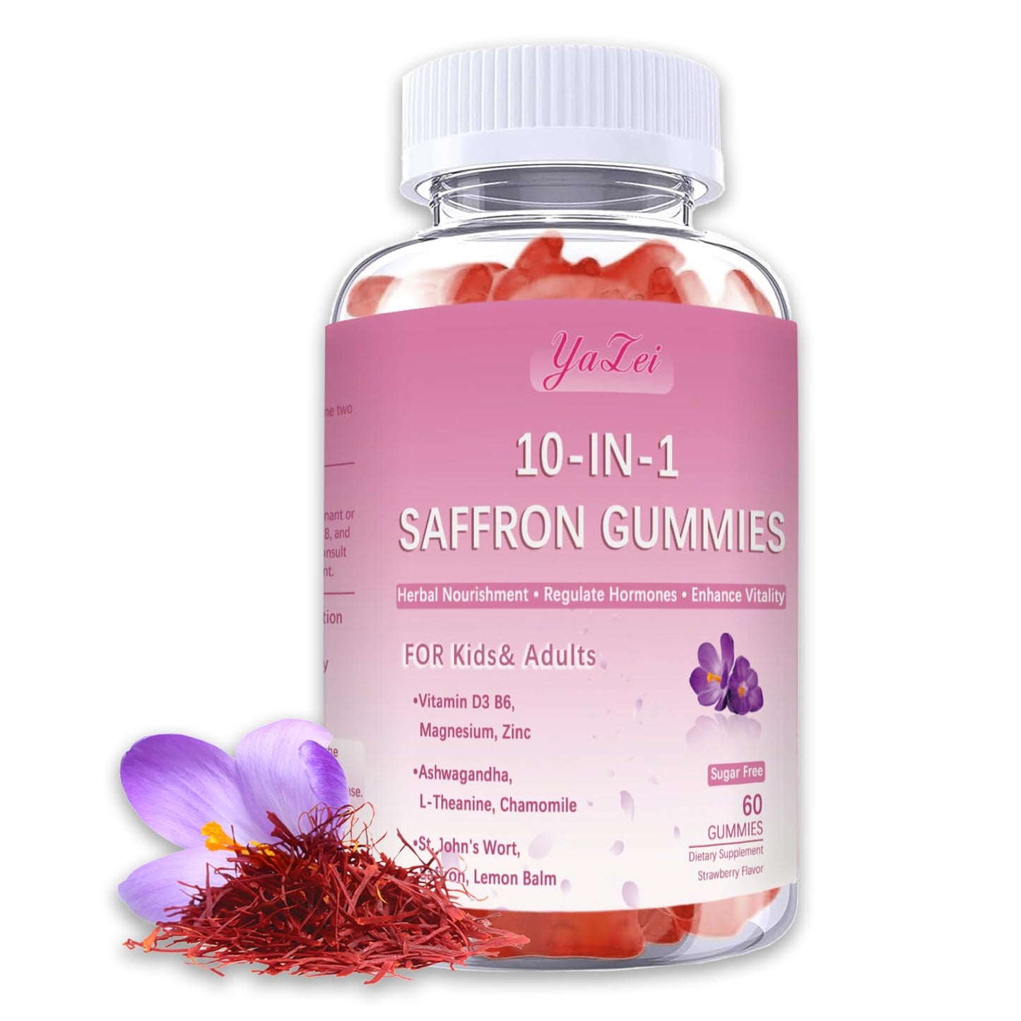 Yalei strawberry flavored sugar free herbal gummies packaging showcasing natural stress relief ingredients