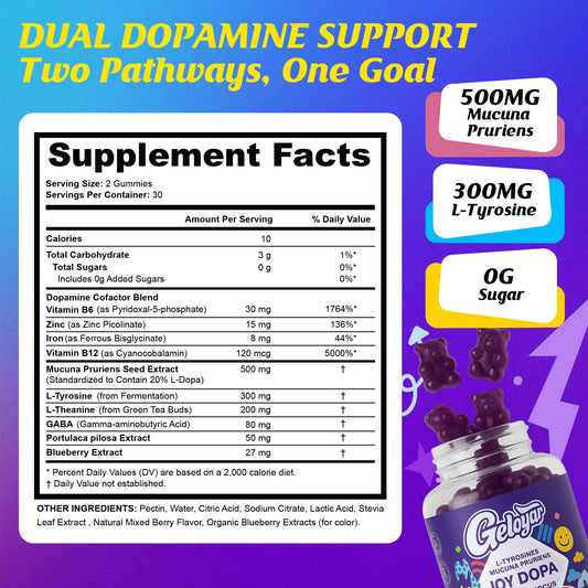 Geloyar Joy Dopa blueberry flavored gummies for daily motivation and mental clarity.