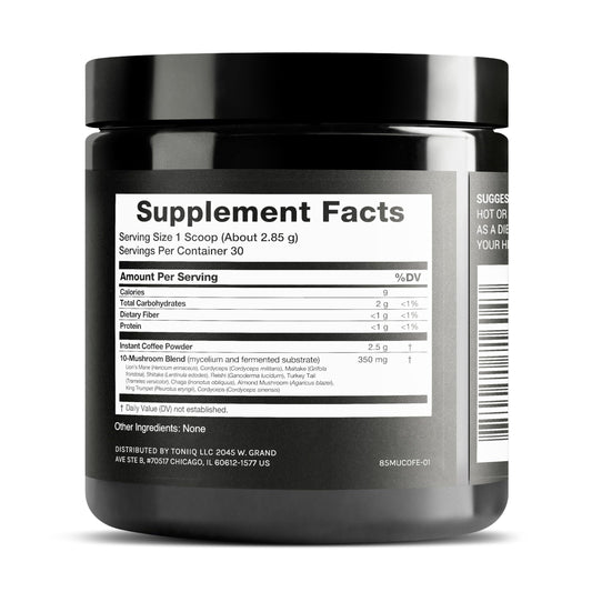 Toniiq 10 mushroom blend coffee formula showing Lion's Mane and Cordyceps benefits