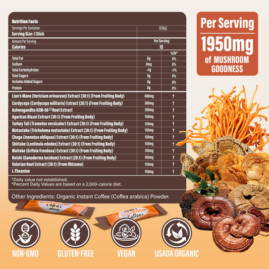 Strrugel low caffeine coffee sticks with lion's mane and reishi ingredients layout.