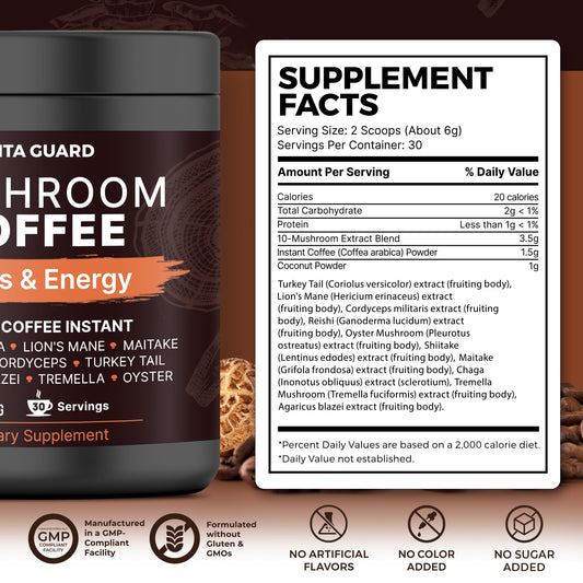 Vita Guard functional coffee container showing ten adaptogenic mushroom ingredients