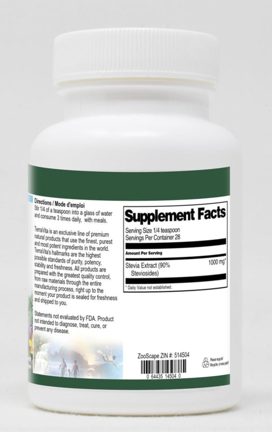 TerraVita natural sweetener zero calorie stevia powder dietary supplement facts label.