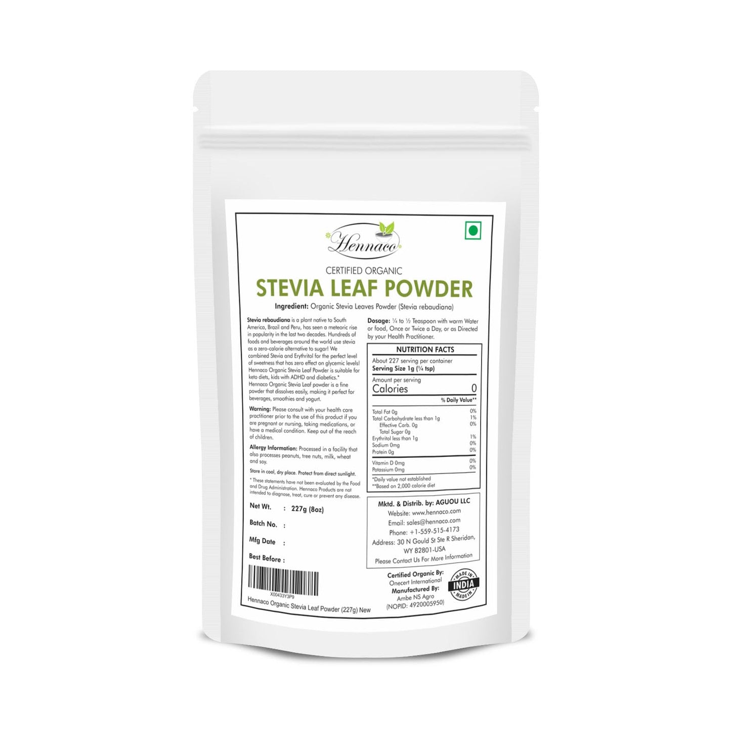 Nutritional facts panel and product description on the back of Hennaco stevia pouch