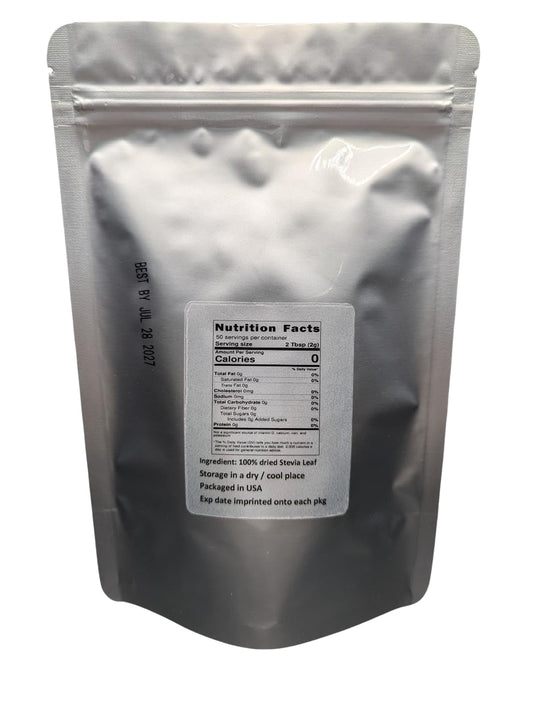 Nature Tea Stevia Leaf 4 Ounce bag showcasing organic loose cut leaves inside.