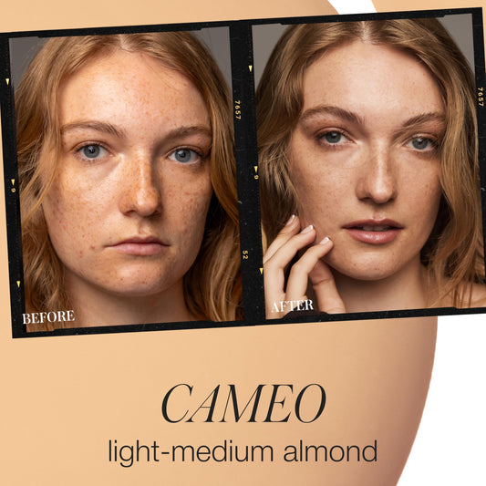 Lightweight tinted moisturizer texture swatch of RMS Beauty broad spectrum mineral SPF 50 sunscreen.