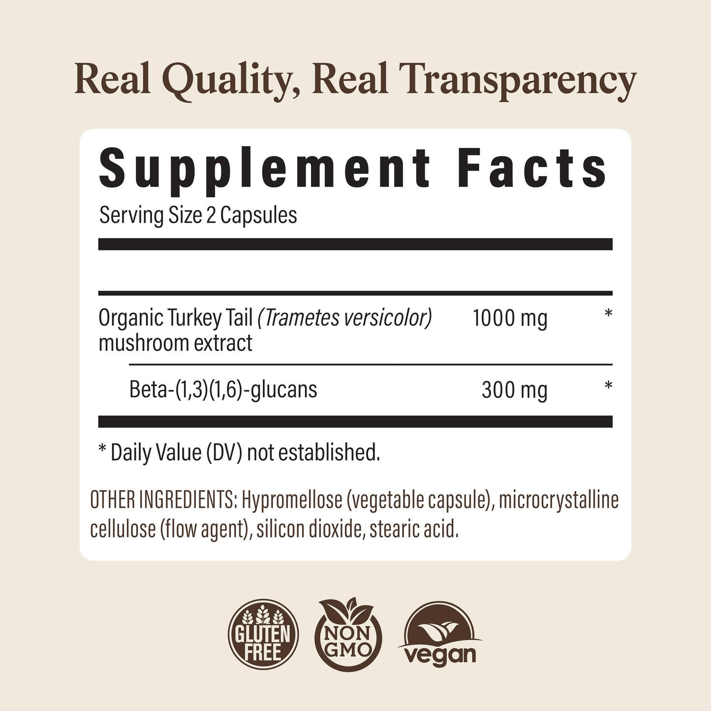 Certified organic non GMO Turkey Tail extract capsules label breakdown