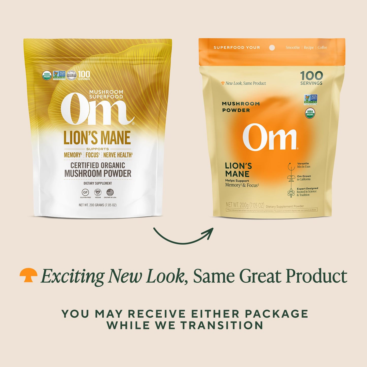Om Lion's Mane nootropic powder certified organic and non-GMO icons close up