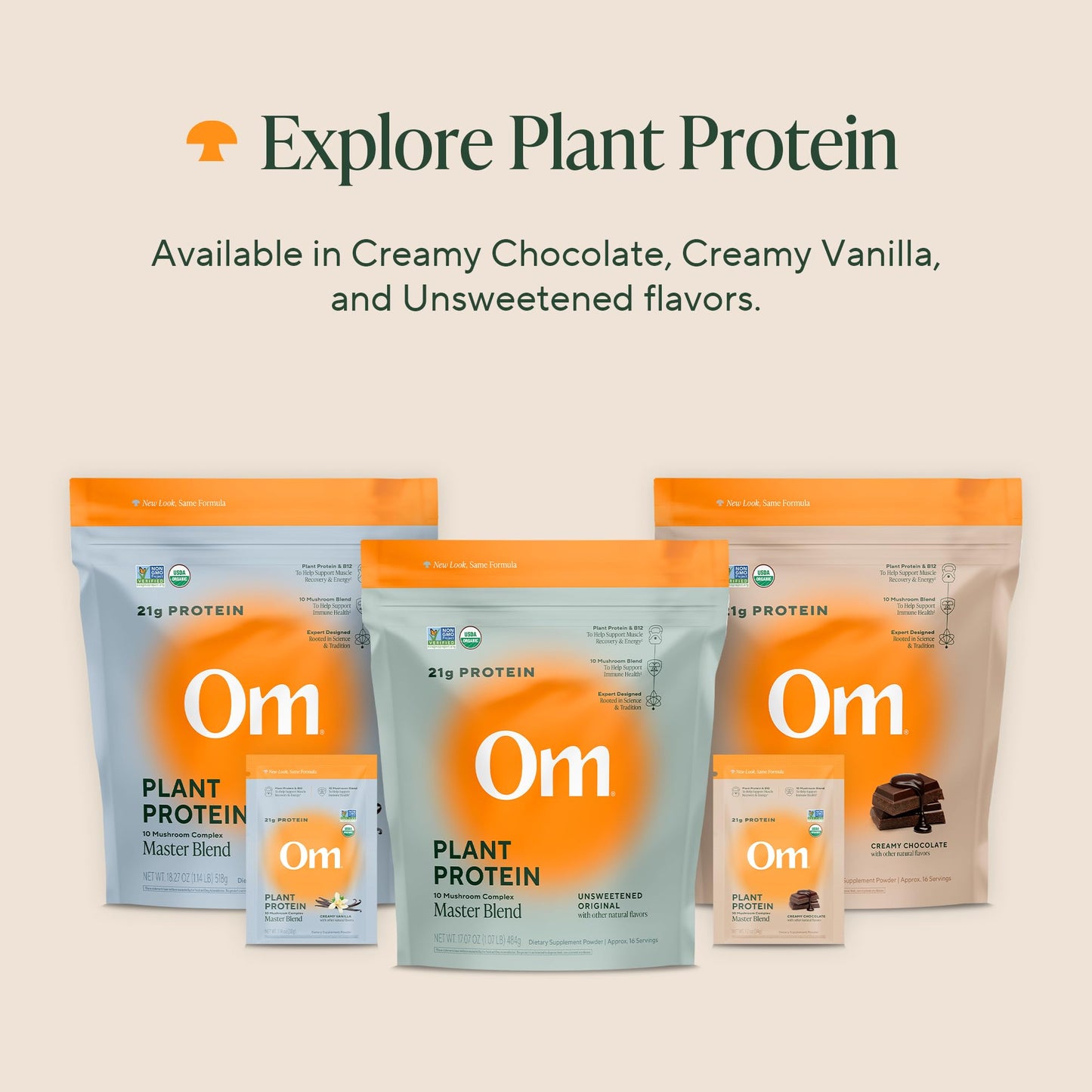 Om Mushroom Superfood Creamy Vanilla protein powder secure resealable zipper pouch.