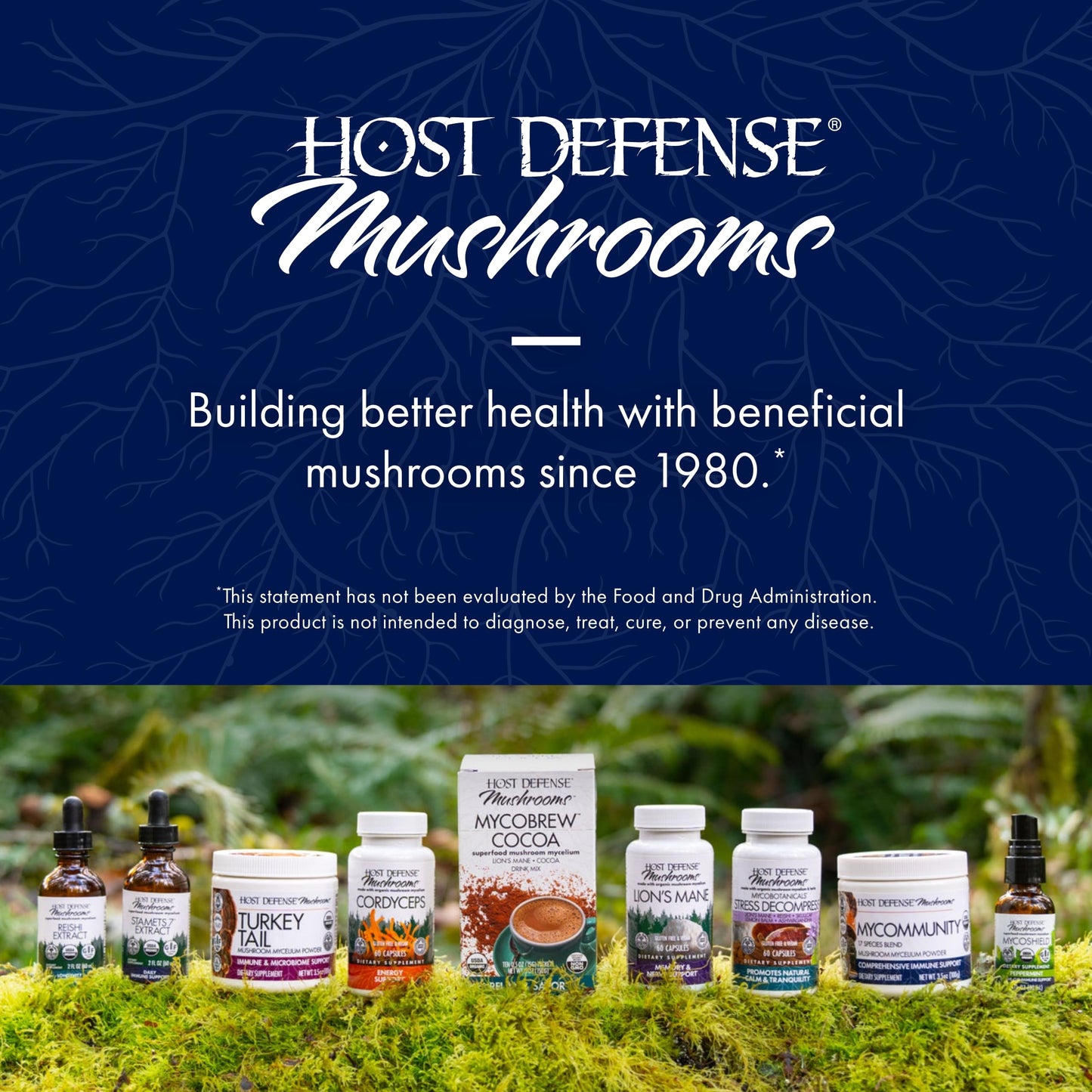 Imported Host Defense organic seven mushroom blend powder packaging close up